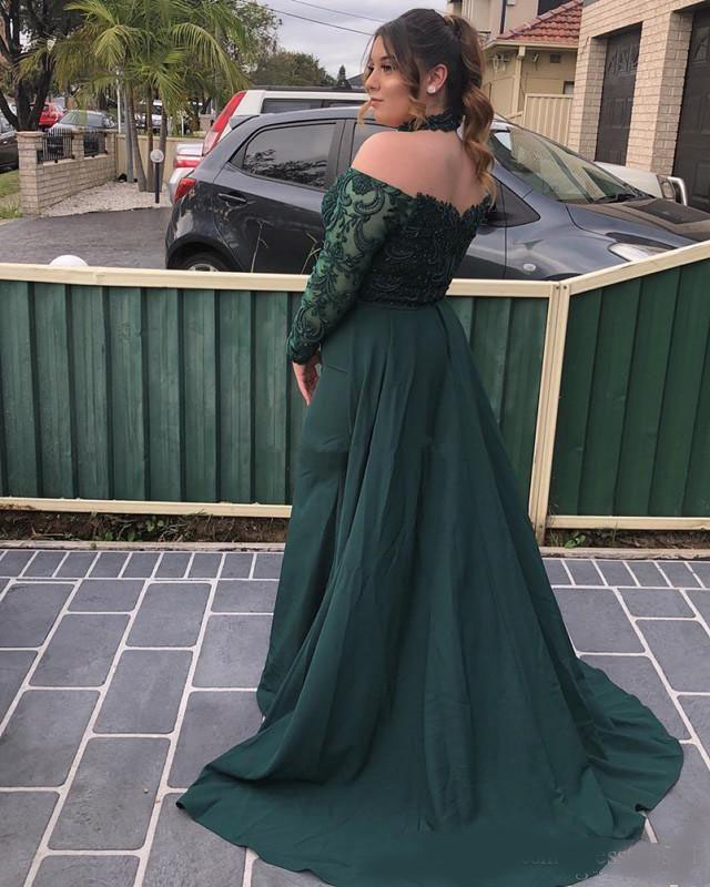 Plus Size Dark Green Mermaid Prom Dresses With High Neck Long Sleeve Illusion Bodice Appliques Beaded Long Formal Evening Gowns