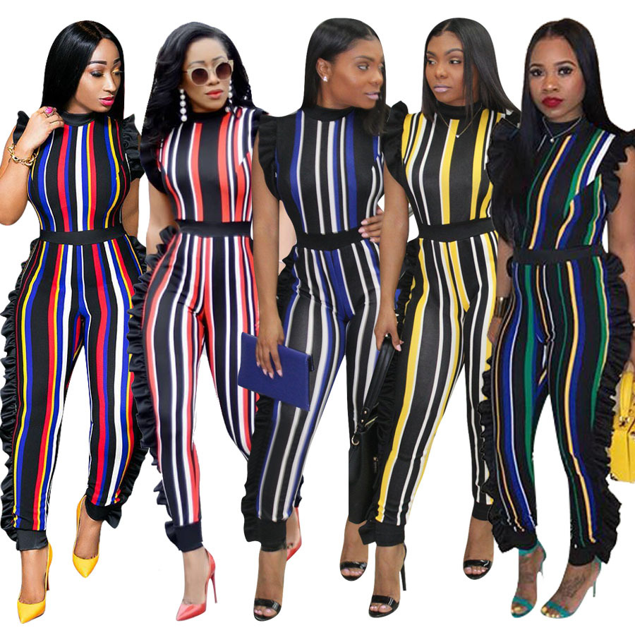 Jumpsuits fashion trend classic striped wooden ear trim Slim collar casual street jumpsuit support mixed batch