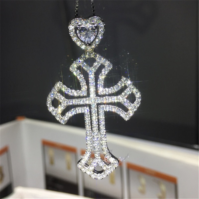 Heart love Big Cross pendant necklace 925 Sterling silver 5A zircon Cz Party wedding Cross Pendant for women men Jewelry