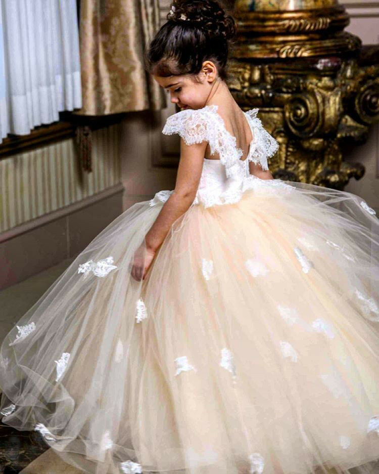Princess Ball Gown Flower Girls Dresses Square Short Sleeve Appliques Tulle Girl Pageant Birthday Gowns Kids Formal Dress For Wedding