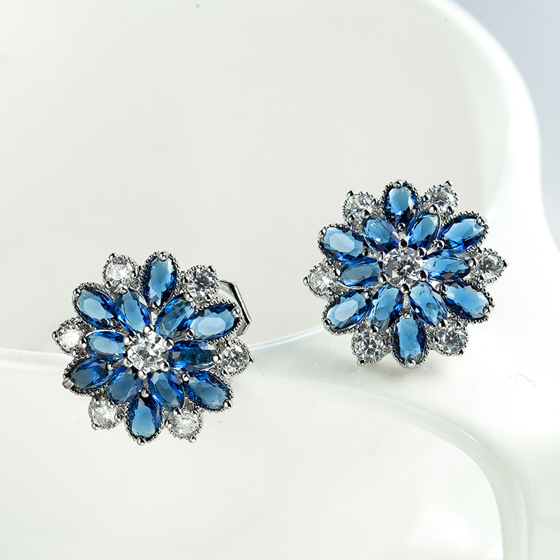 LuckyShine Trendy Women Ear clip colorful Cubic Zirconia Cz Flower 4 Color 925 sterling Silver plated Earrings 3 Pair/Lot Free Shipping