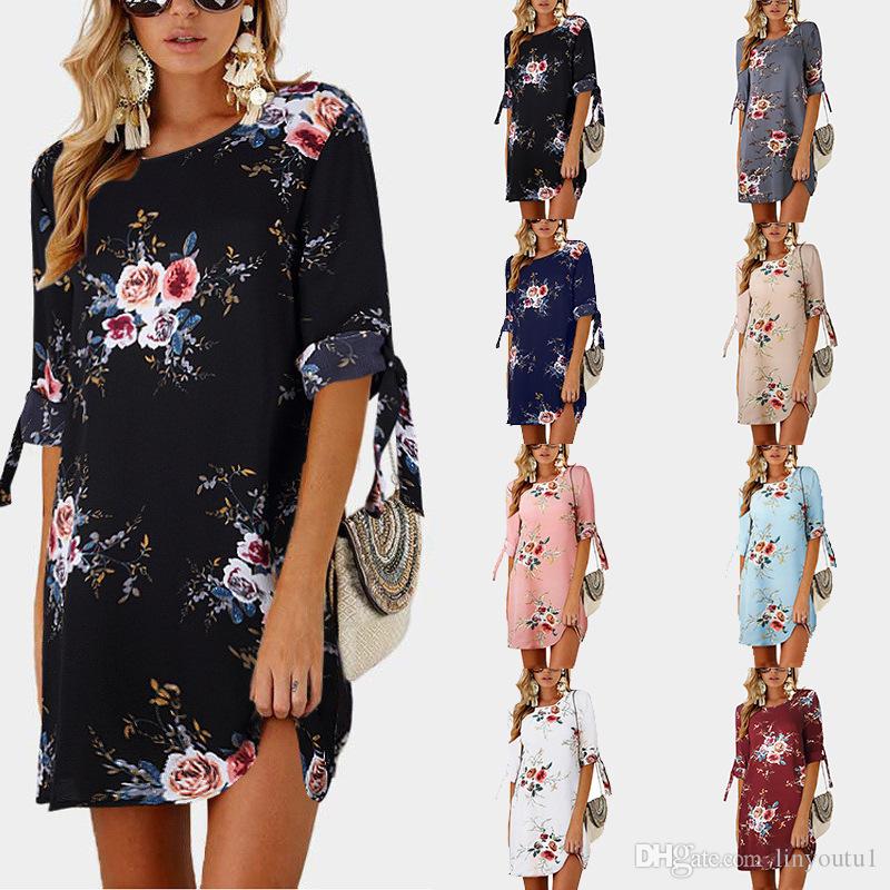 2020 Women Floral Print Beach Chiffon Dress Casual Loose Mini Party Dress Boho Style Sundress Plus Size