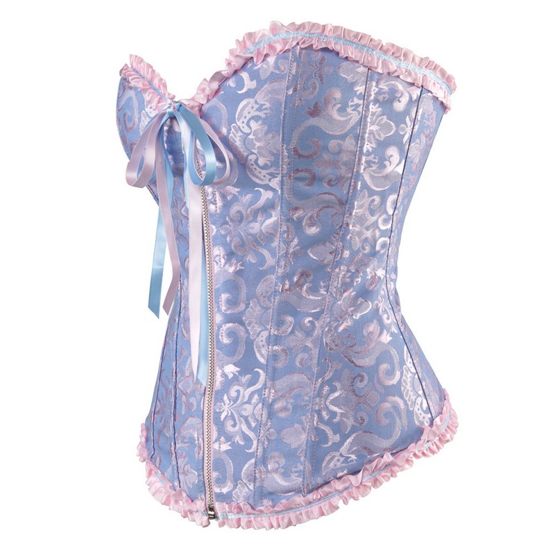Frill Jacquard Brocade Corset Wholesale Plus size Zipper Lace up Back Women Ribbon Floral Embroidery Overbust Sexy Dance Corse Bustier