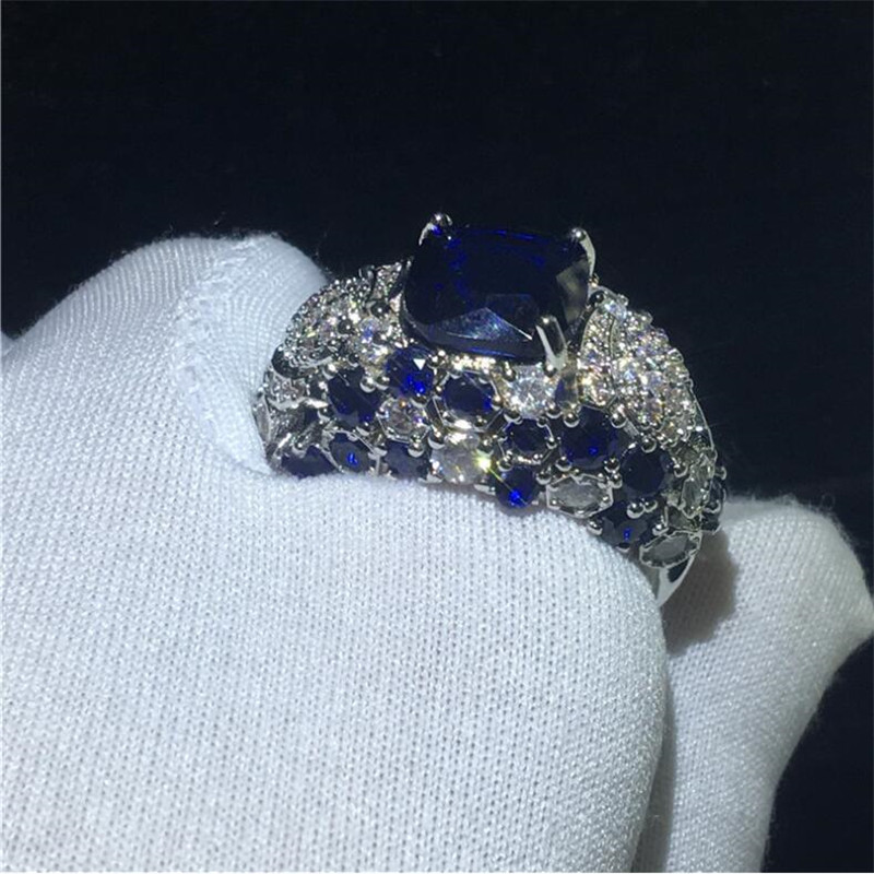 Sterg Sier Cushion Shape Blue Sapphire CZ Dia Gemstones Women's Wedding Band Ring