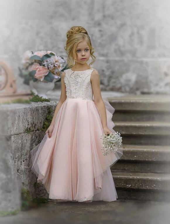 2020 Blush Pink Flower Girl Dresses for Wedding Cheap A Line Jewel Neck First Communion Dress Birthday Custom Made Prom Gowns Party Wear