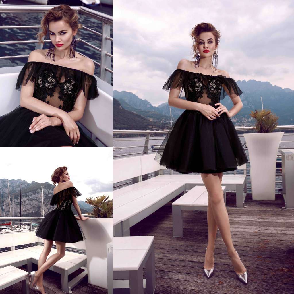 Black Off Shoulder Short Evening Dresses Tulle Sexy Applique Prom Gowns Knee Length Red Carpet Dresses