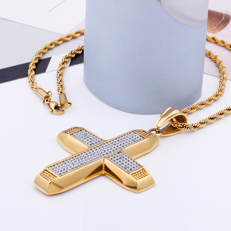 Men's Hip Hop Cross Pendants Necklace 316L Stainless Steel Full Cubic Zirconia Setting 18K Gold Plated Jewelry