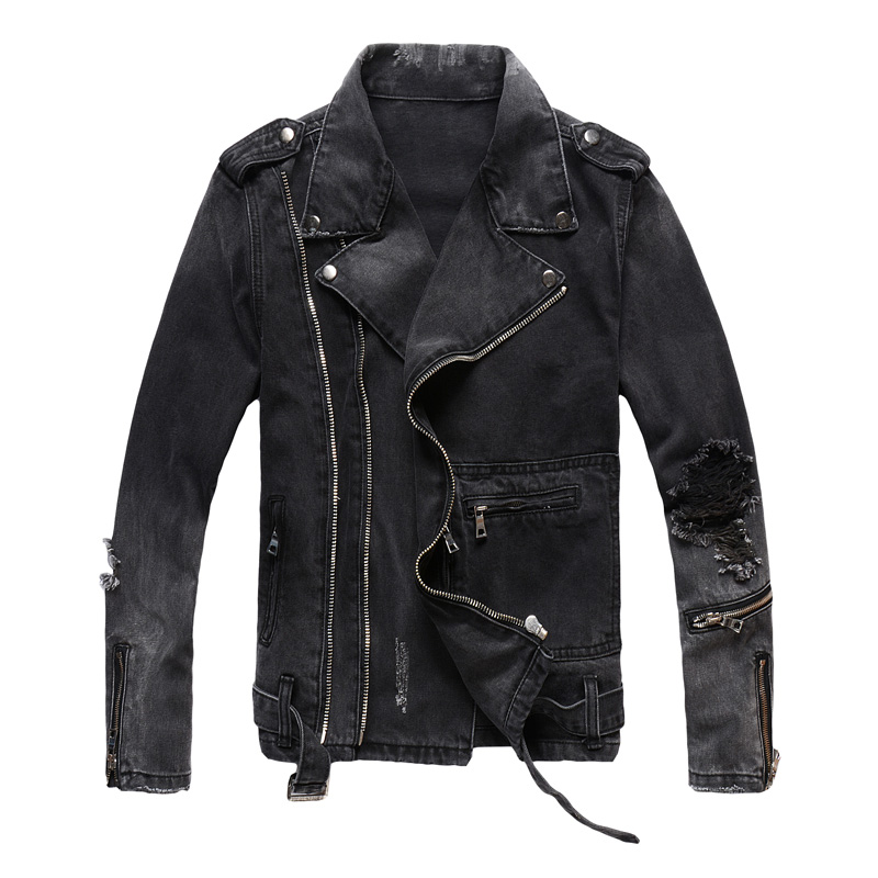 Fashion Streetwear Men Jacket Vintage Black Destroy Ripped Denim Jackets Punk C…