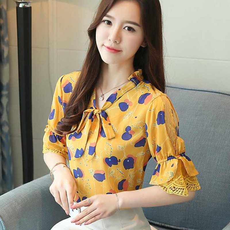 Women's Blouses & Shirts Korean Chiffon Women Floral Shirt Tops Plus Size Woman Lace Flare Sleeve Blouse Blusas Mujer De Moda Womens