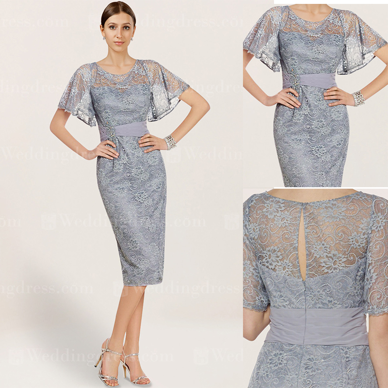 lace mother of the bride dresses jewel short sleeve appliqued beaded ruched wedding guest gown kneelength custom made mother gown