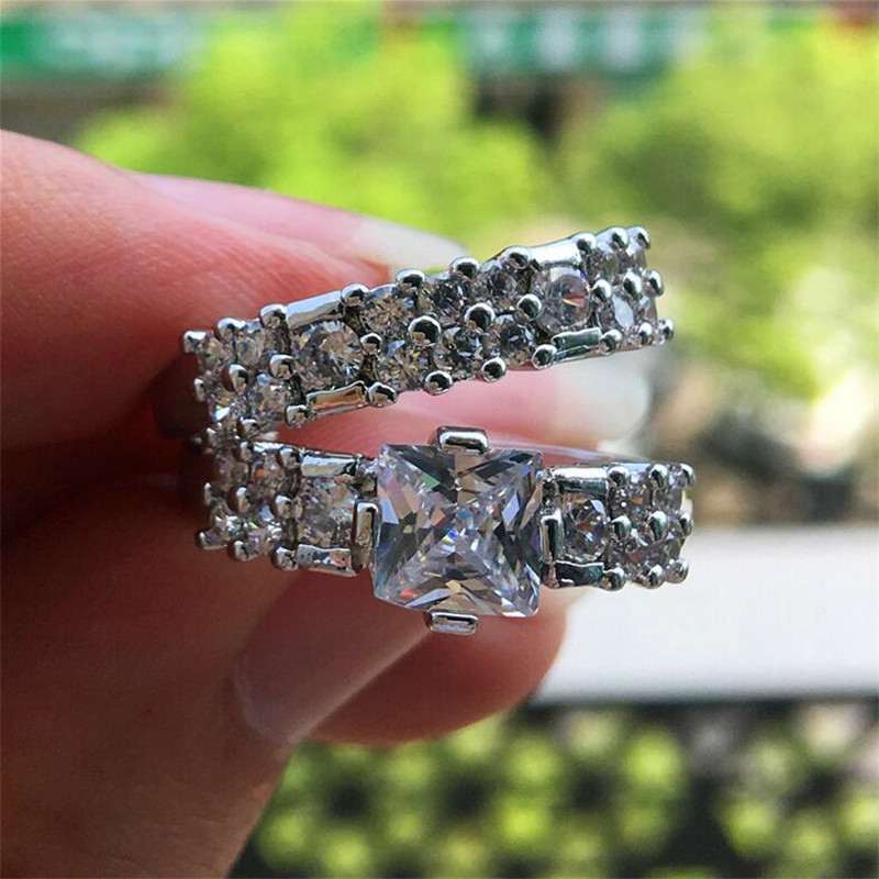 Size 6-10 Luxury Jewelry 925 Sterling Silver Princess Cut Gold Color White Topaz CZ Diamond Eternity Women Wedding Couple Ring Set Gift
