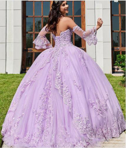 Elegant Lavender Long Sleeves Quinceanera Dresses 2020 New Lace Applique Plus Size Bride Party Wear Sweet 16 Prom Gowns