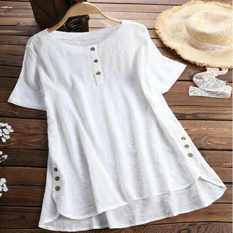 Ladies Summer O Neck Short Sleeve Single-breasted Tops Women Cotton Linen T-shirt Tops Tunic Holiday Plus Size
Ladies Summer O Neck Short Sleeve Single-breasted Tops Women Cotton Linen T-shirt Tops Tunic Holiday Plus Size