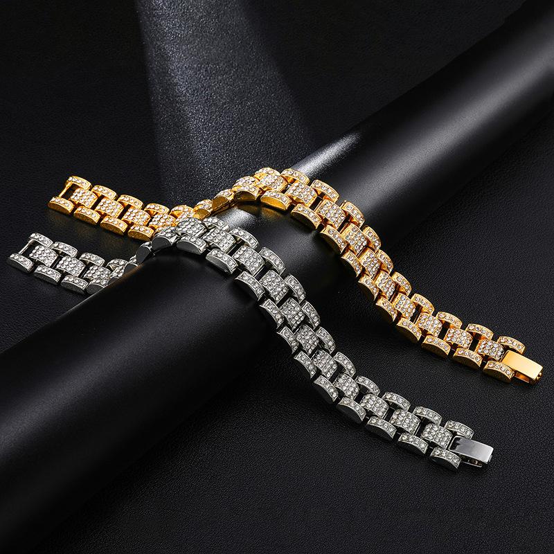 Full Diamond Mens Watch Band Bracelet 18k Gold Bling Rhinestone Hip Hop Iced Out Bangle Bracelets Rapper Chains Wristband Luxury Jewelry Gifts for Guy