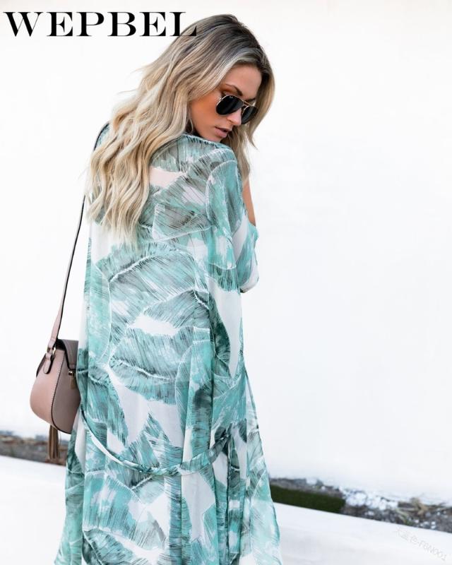 Women's Swimwear WEPBEL Women Elegant Printed Bikini Cardigan Long Kaftan Beach Cover Up Dress Girls Loose Cape Beachwear Robe1
