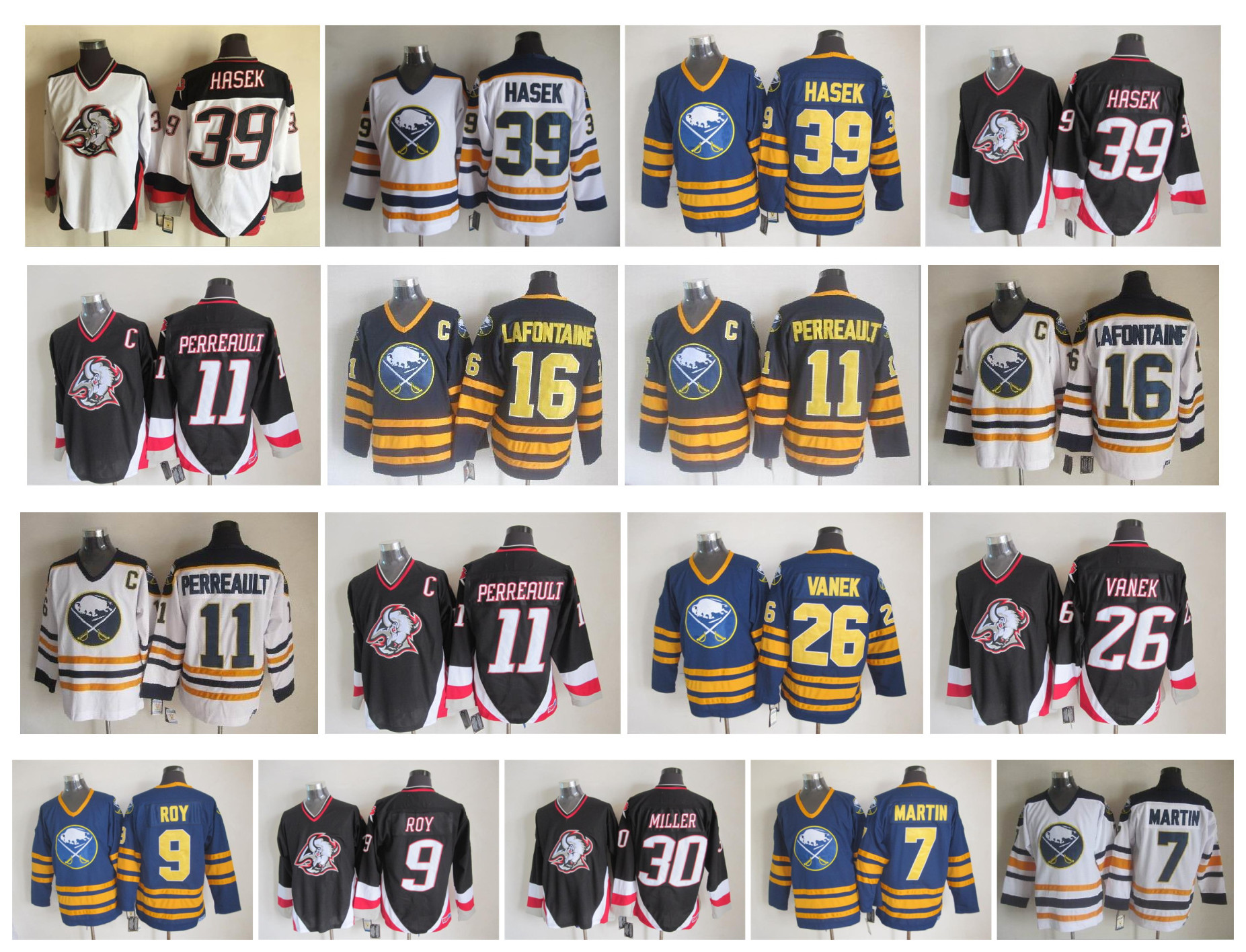 Vintage Buffalo Sabres Jersey 39 Dominik Hasek 7 Rick Martin 11 Gilbert Perreault 9 Derek Roy 16 Pat LaFontaine 26 Thoma Vanek CCM Hockey, Black;red
Vintage Buffalo Sabres Jersey 39 Dominik Hasek 7 Rick Martin 11 Gilbert Perreault 9 Derek Roy 16 Pat LaFontaine 26 Thoma Vanek CCM Hockey, Black;red