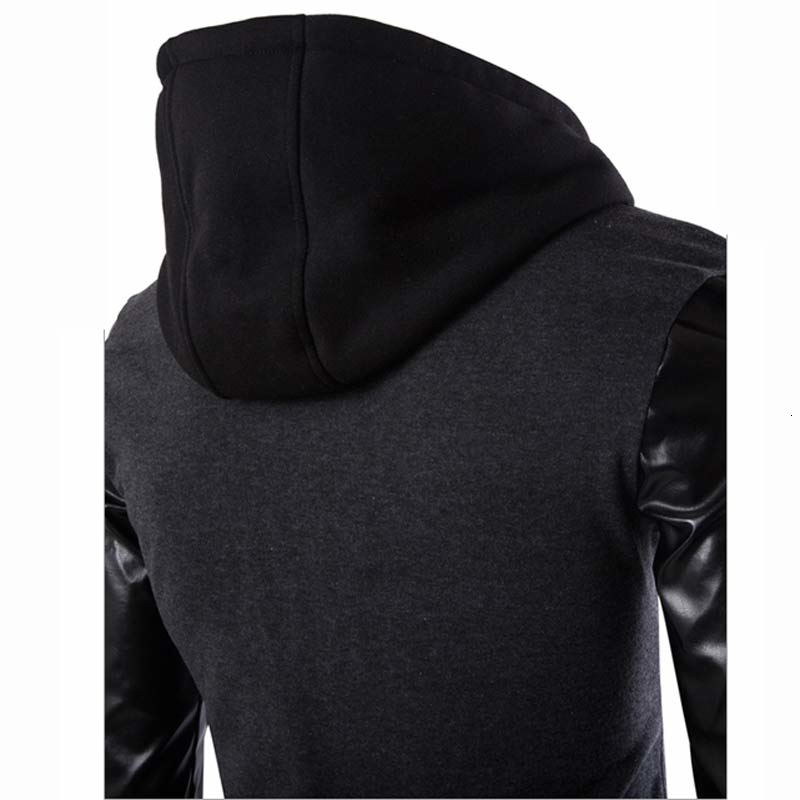 Cool Hooded Jacket Men 2017 Spring Fashion Pu Leather Sleeve Splice Bomber Jacket Casual Windbreaker Blouson Veste Sweat HommeMX191012