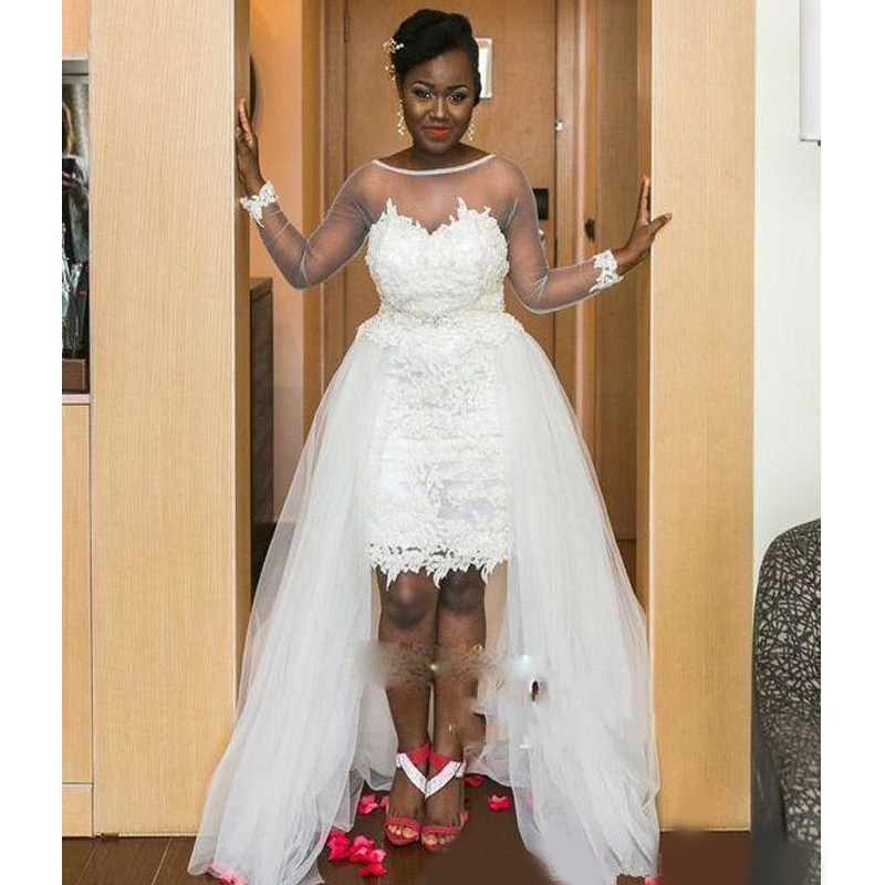 African Wedding Dresses Long Sleeves Illusion Jewel Neck Detachable Train High Quality A Line Bridal Gowns For Women Robe De Mariee