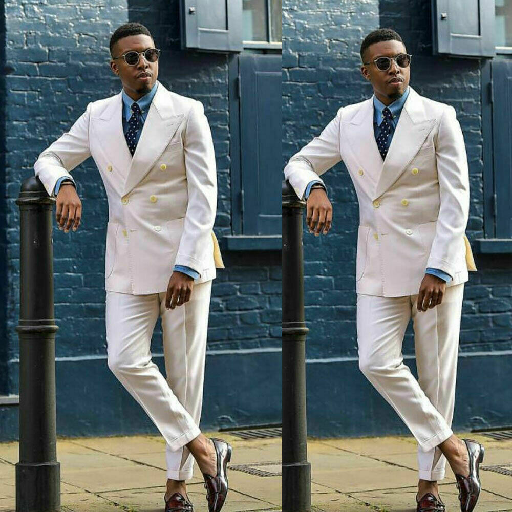 Handsome Beige Men Suits Wedding Formal Double Breasted Groom Wear Tuxedo Peak Lapel Custom Made Prom Best Man Blazer Suit(Jacket+Pants)
