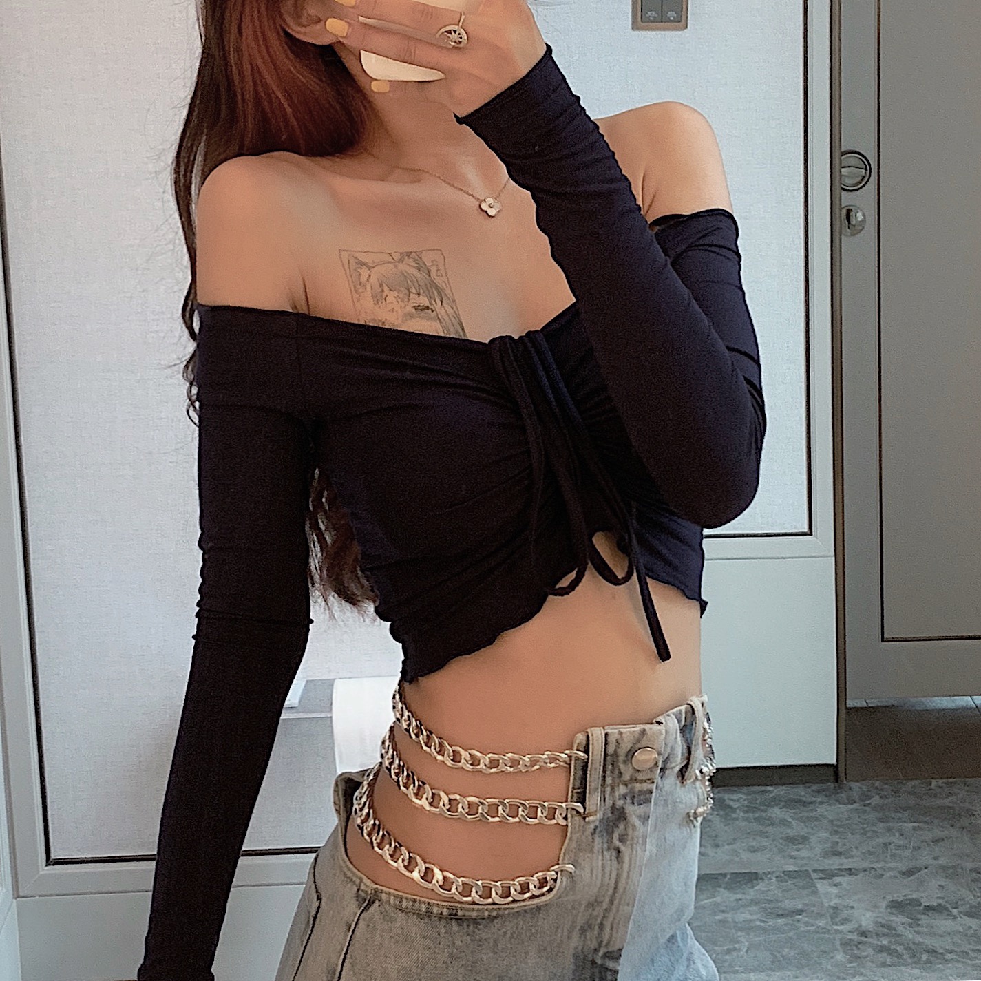 New fashion womens sexy high waist chains patchwork denim jeans hollow out wide leg loose long pants trousers S M L