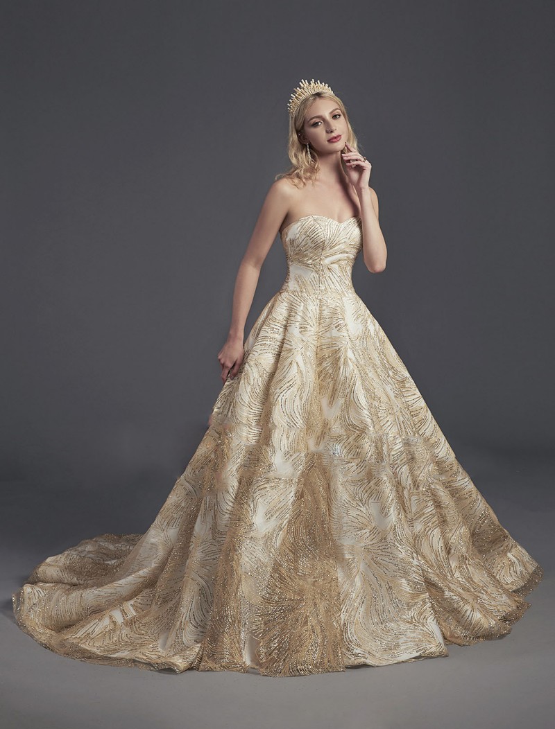 Gold Princess Royal Prom Dresses Sweetheart Sequined Glitters Shiny Evening Gowns Plus Size Special Occasion robes de soirée