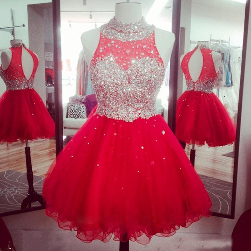 Sparkly Crystal Beaded Homecoming Dresses For Sweet 16 Crew Neck Hollow Back Puffy Tulle Royal Blue Red Graduation Dresses Party Gowns