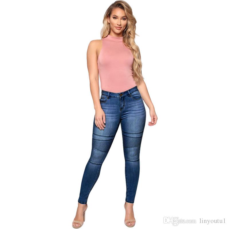 2020 Women`s Motorcycle Biker Zip Mid High Waist Stretch Denim Skinny Pants Motor Jeans For Women Pencil Pants 2019