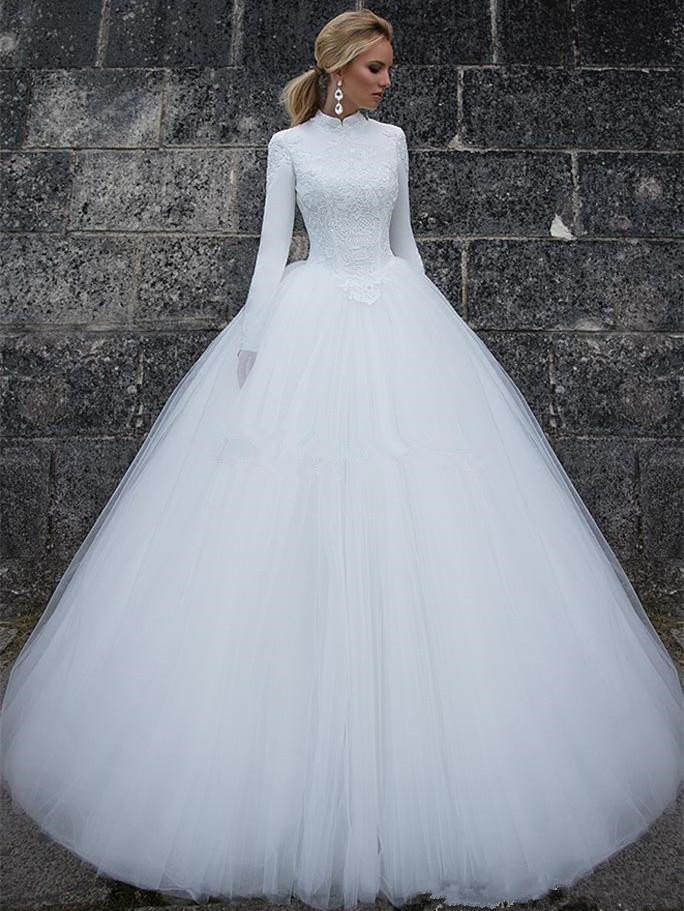 Long Sleeves Muslim Wedding Dresses 2019 Elegant High Neck Long Sleeves Lace Satin Tulle Floor Length Ball Gown Bridal Dresses Wedding Gowns