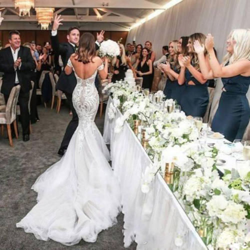2020 Mermaid Wedding Dresses Off Shoulder Short Sleeve Bridal Gowns Lace Appliqued Sweep Train Slim Wedding Dress