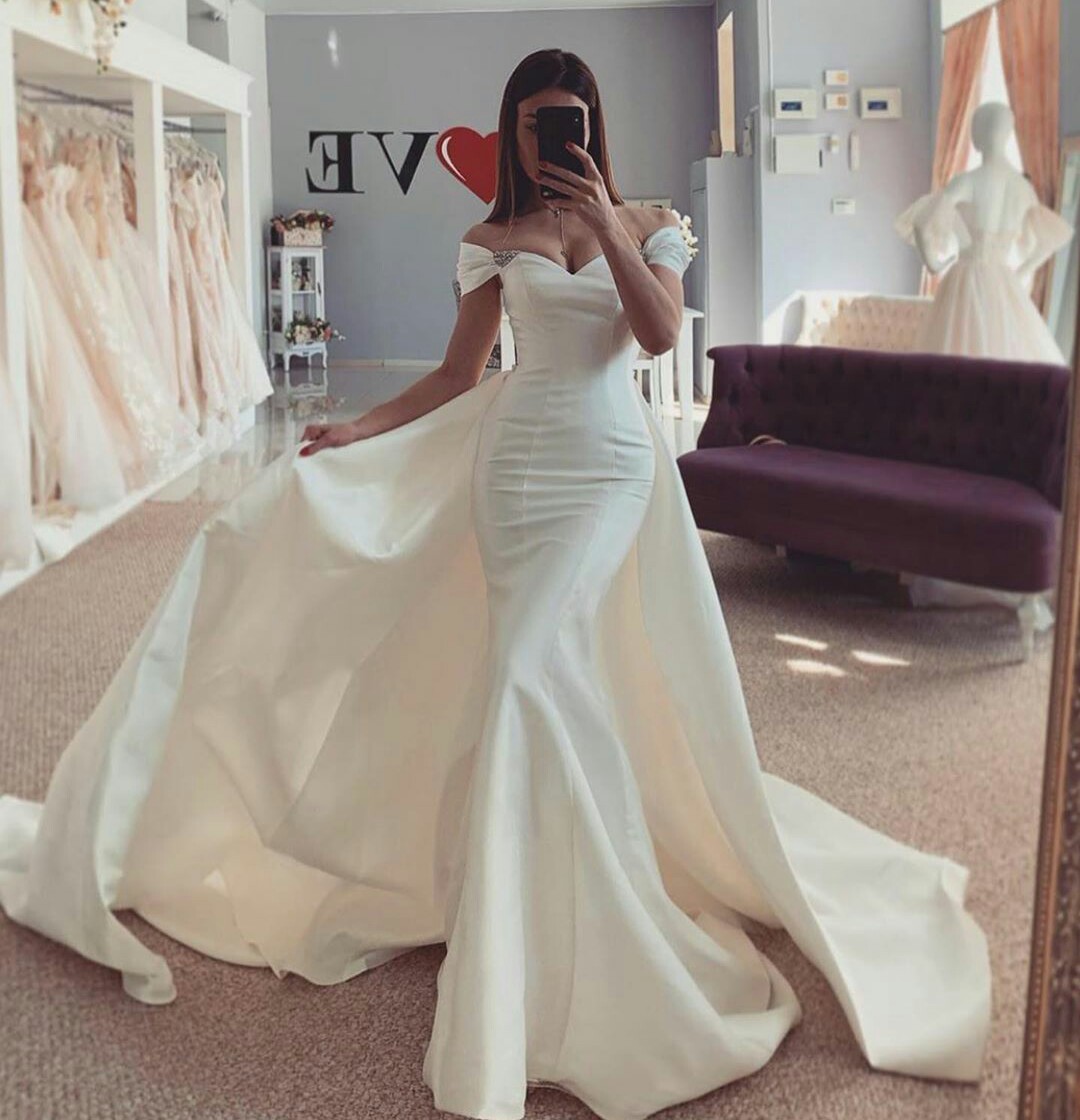 Elegant Satin Mermaid Wedding Dresses Bridal Gowns With Detachable Train South African Cheap Beaded Off The Shoulder Wedding Gowns