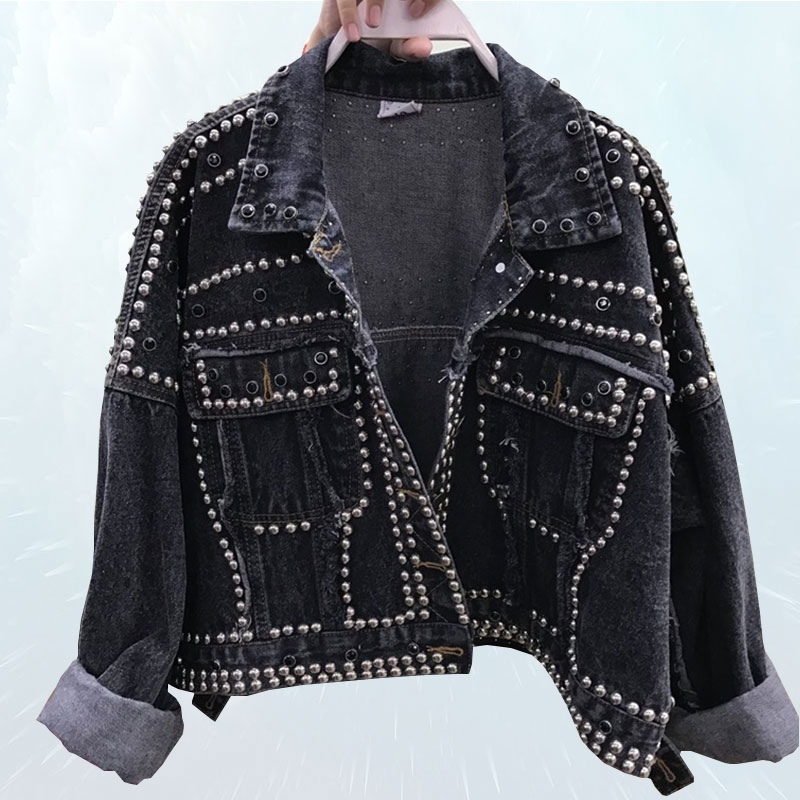 Spring Autumn Short Balck Denim Jacket Women Handmade Rivet Beaded Denim Coat Pockets Streetwear Loose Oversize Female Top SL068, Black
Spring Autumn Short Balck Denim Jacket Women Handmade Rivet Beaded Denim Coat Pockets Streetwear Loose Oversize Female Top SL068, Black
