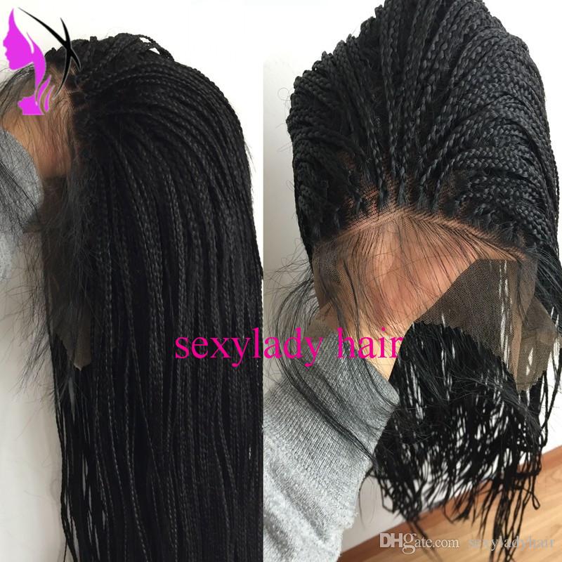 African American Braided Black Heat Resistant Fiber Box Braids Women Wigs can do ponytail Synthetic Lace Front Wig With Baby Hair