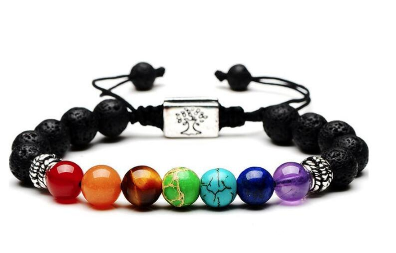 Yoga Handmade 7 Chakra Tree Of Life Charm Bracelets Lava Stones Multicolor Beads Rope Bracelet Women Men Bracelets Bangles