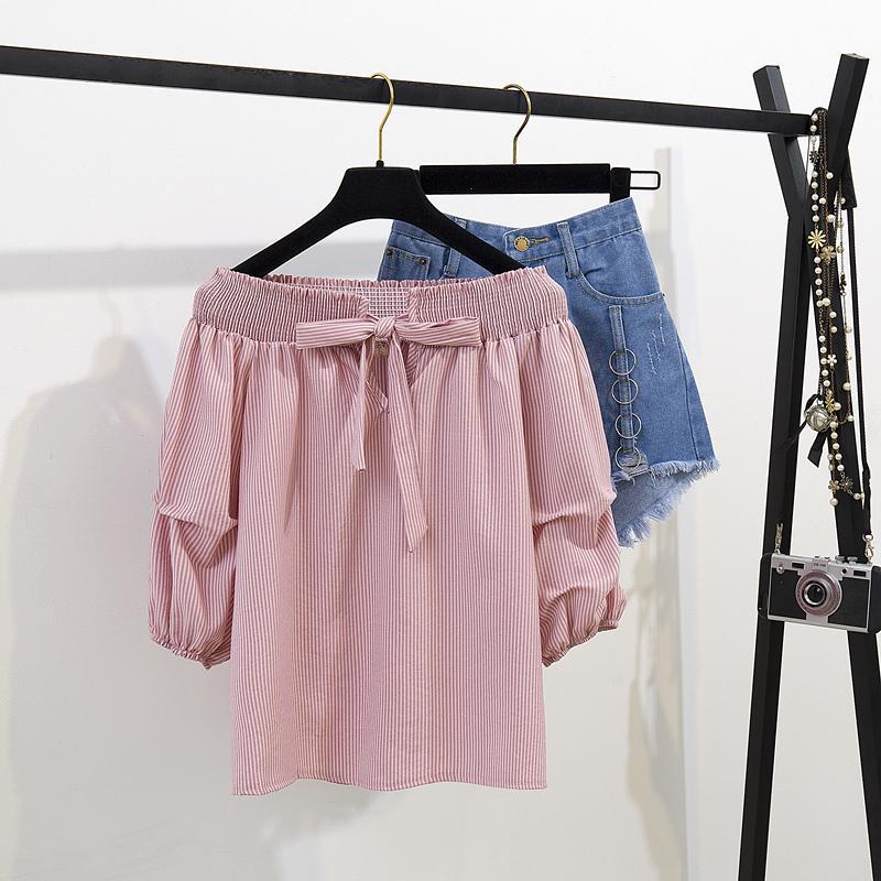 Summer New Off Shoulder Loose Half Lantern Sleeve Solid Cute Blouse Jean Shorts Two-Piece Outfit Casual Sets T200622