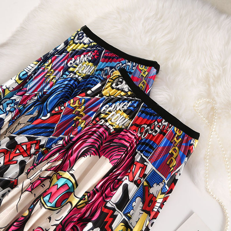 Cr 2019 Spring New-coming Europen Cartoon Pattern High Elasticity Pleated Skirt High Street Style A-line Mid-calf Christmas C19040401