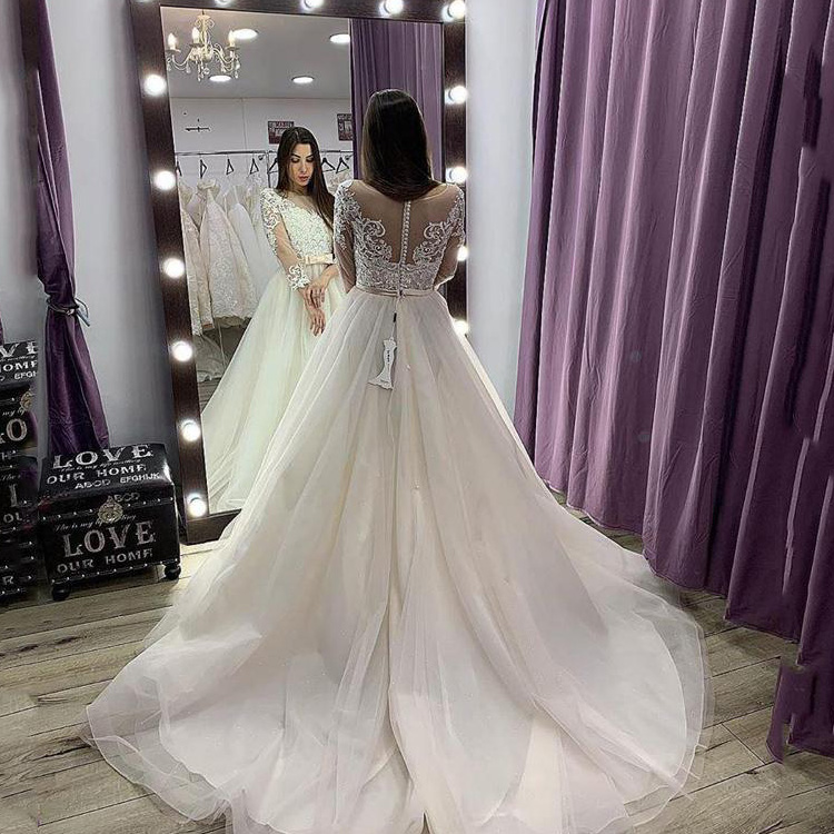 wedding dresses custom 3 4 long sleeves lace appliqued bridal gowns a line tulle sweep train wedding dress