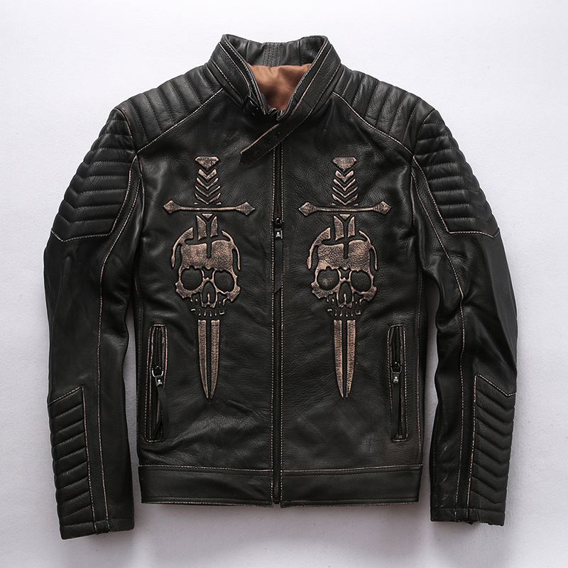 2019 Autumn Winter Thick Cowhide Jacket Men Vintage Steel-print Skull Genuine Leather Coat Stand Collar Double-sword Warm Jacket, Vintage black
2019 Autumn Winter Thick Cowhide Jacket Men Vintage Steel-print Skull Genuine Leather Coat Stand Collar Double-sword Warm Jacket, Vintage black