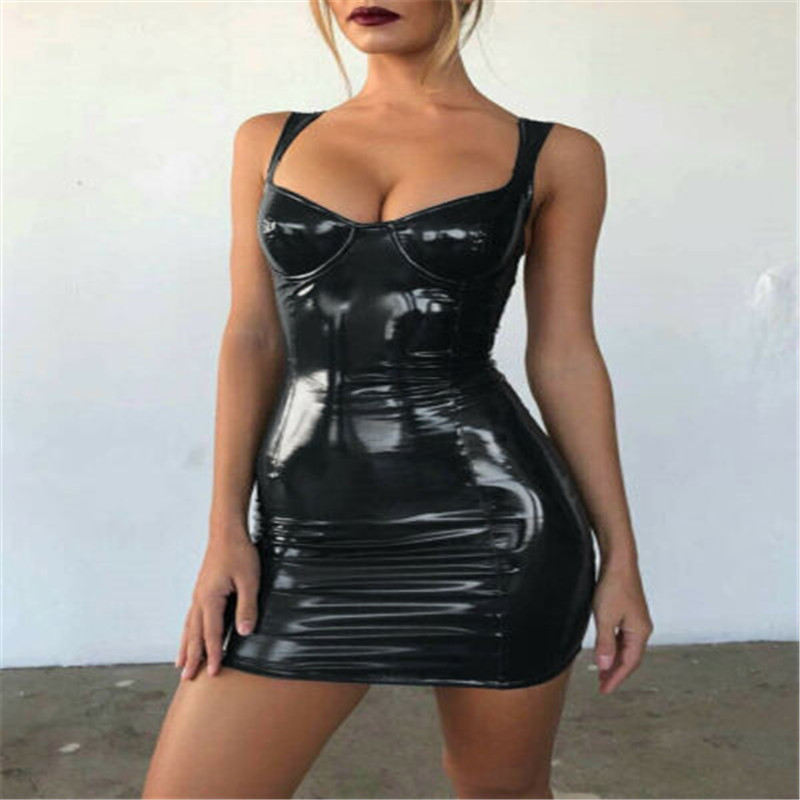 Womens Sexy Backless Club Party Short Dress Solid Black Wet Look Latex Bodycon Faux Leather Push Up Bra Mini Micro Dress Leotard