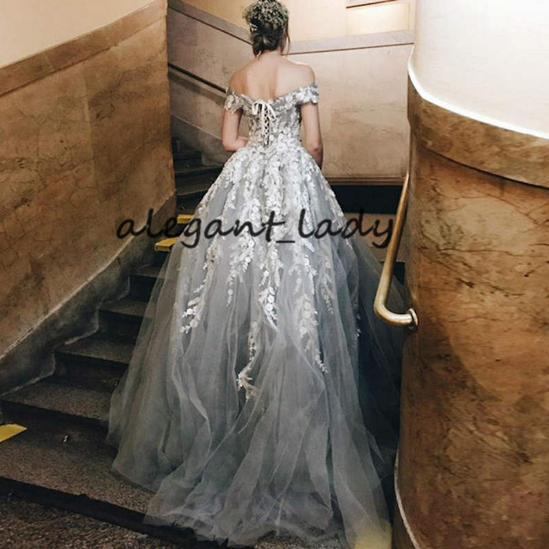 Silver Grey White Wedding Dresses 2019 Modest Off Shoulder 3D Floral Applique Puffy Skirt Dubai Arabic Princess Church Wedding Gown