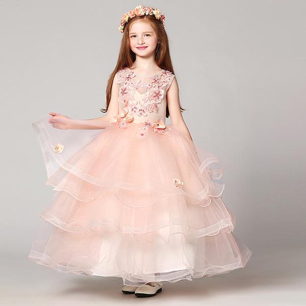 Lovely Pink Flower Girls Dresses Applique Jewel Neck Ball Gown Kids Formal Wear Sleeveless Floor Length Girl Dresses For Wedding