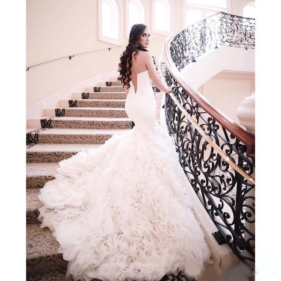 Luxury Ruffles Cathedral Train Wedding Dresses 2020 Strapless Stain Backless Mermaid Trumpet Bride Church Castle Wedding Gown