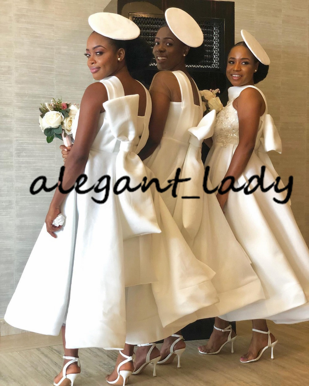 Tea-length Stain Bridesmaid Dresses with Bow 2020 African Halter Lace Sequins Plus Size Beach wedding guest gown Vestidos De Fie
