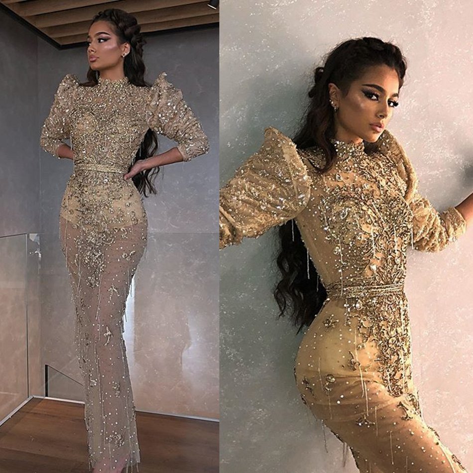 Gold Evening Dresses High Neck Sequins Beaded Appliqued Tassel 3/4 Long Sleeves Prom Dress Belt Floor Length Custom Made Formal Party Gown