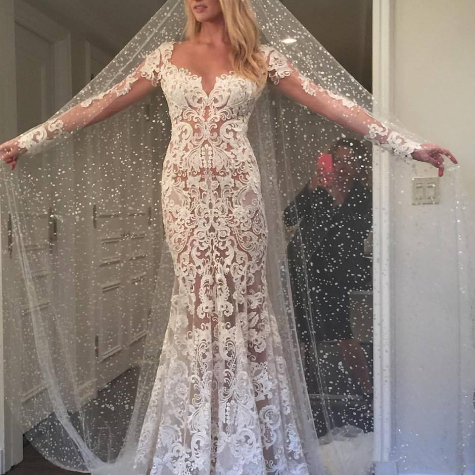 Lace Mermaid 2019 Wedding Dresses Long Sleeves V Neck Trumpet Illusion Back berta church Bridal Gowns Sweep Train robe de mariée