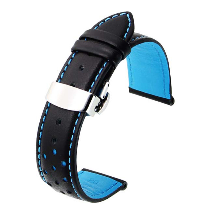 Zlimsn Soft Genuine Leather Watch Band Strap Replacement Black Blue 20 22mm Men Watchbands 316l Stainless Steel Butterfly Buckle Y19052301