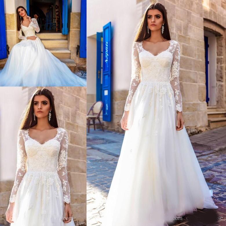 Vintage A line Wedding Dresses Long Sleeves Elegant V Neck Lace Tulle Appliques Plus Size Vestios De Novia Free Shipping Bridal Gowns