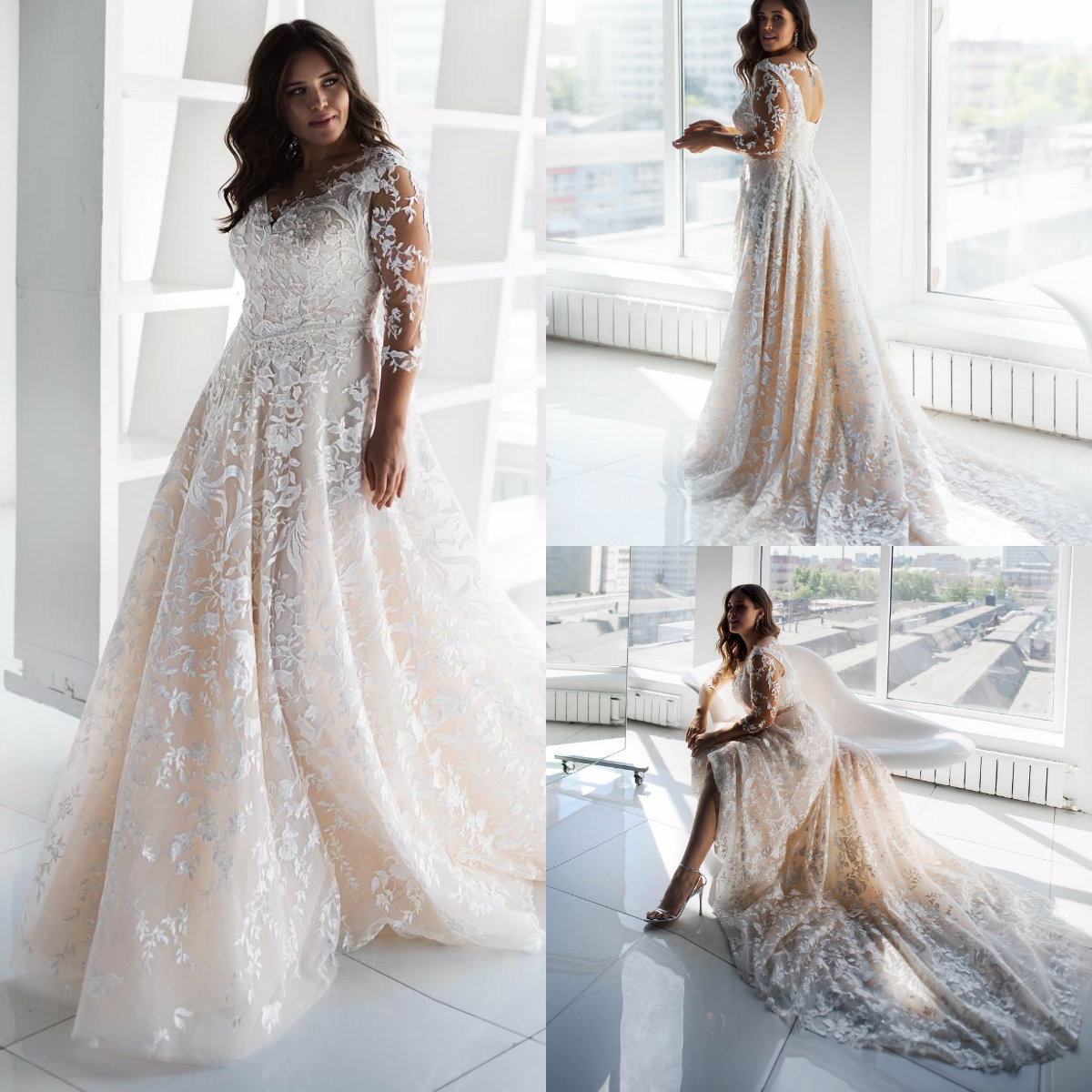 2019 Plus Size Wedding Dresses V Neck Lace Appliqued A Line Sweep Train Beach Wedding Dress Custom Country Long Sleeve Bridal Gowns