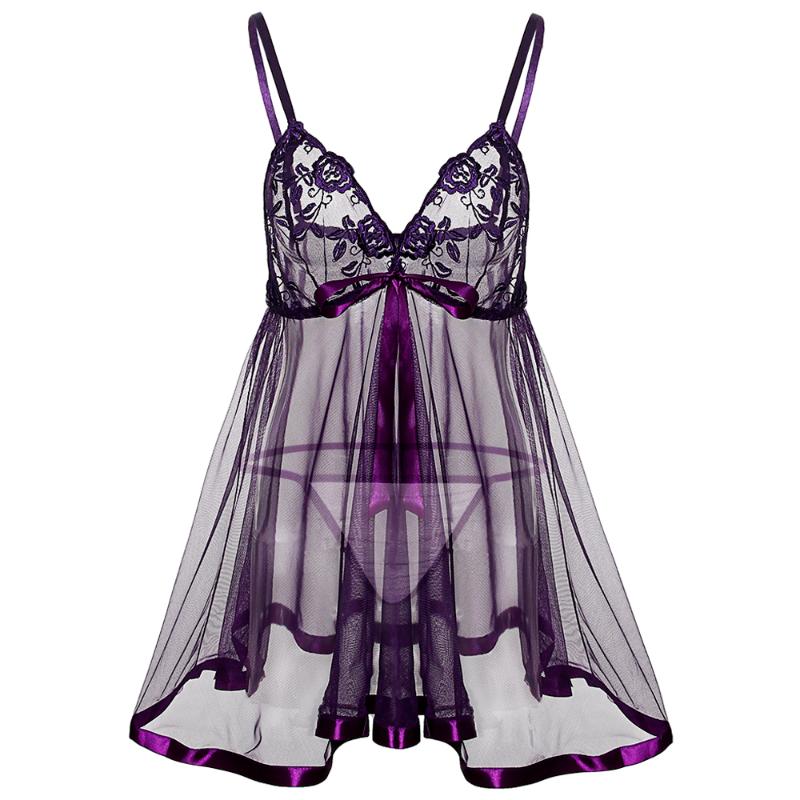 Women's Sleepwear Women Sexy Lingerie See-through Strap Dress Embroidery Intimates Ladies Full Lace Slips Plus Size 6XL
