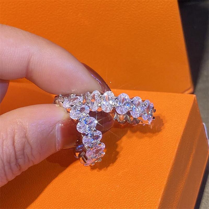 US Size 5-12 Top Selling Luxury Jewelry 925 Sterling Silver Oval Cut White Topaz CZ Diamond Gemstones Party Women Wedding Band Ring Gift