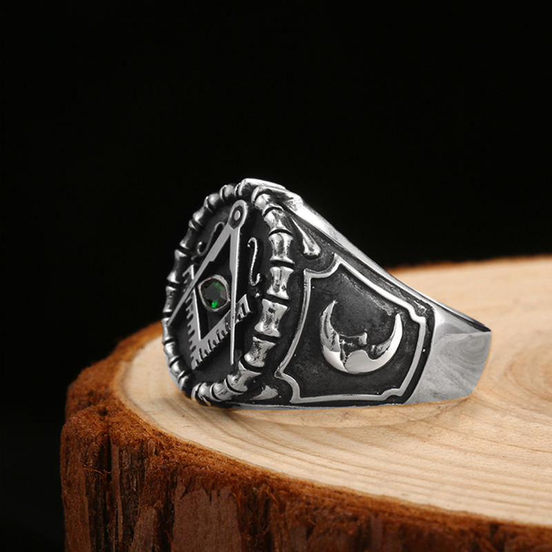 ZABRA Vintage 925 Silver Ring Mens Green Cubic Zirconia Masonic Rings For Men Punk Cool Gift Sterling Silver Symbols Jewelry D19011502